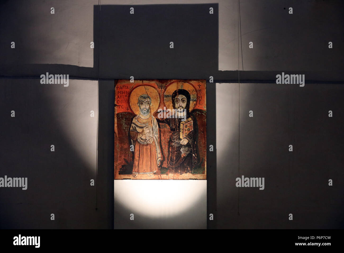 Le sixième siècle icône égyptienne de Jésus avec Saint Menas communément connu sous le nom de l'icône de Jésus et de son ami. Banque D'Images