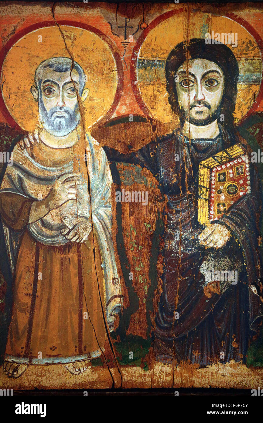 Le sixième siècle icône égyptienne de Jésus avec Saint Menas communément connu sous le nom de l'icône de Jésus et de son ami. Banque D'Images