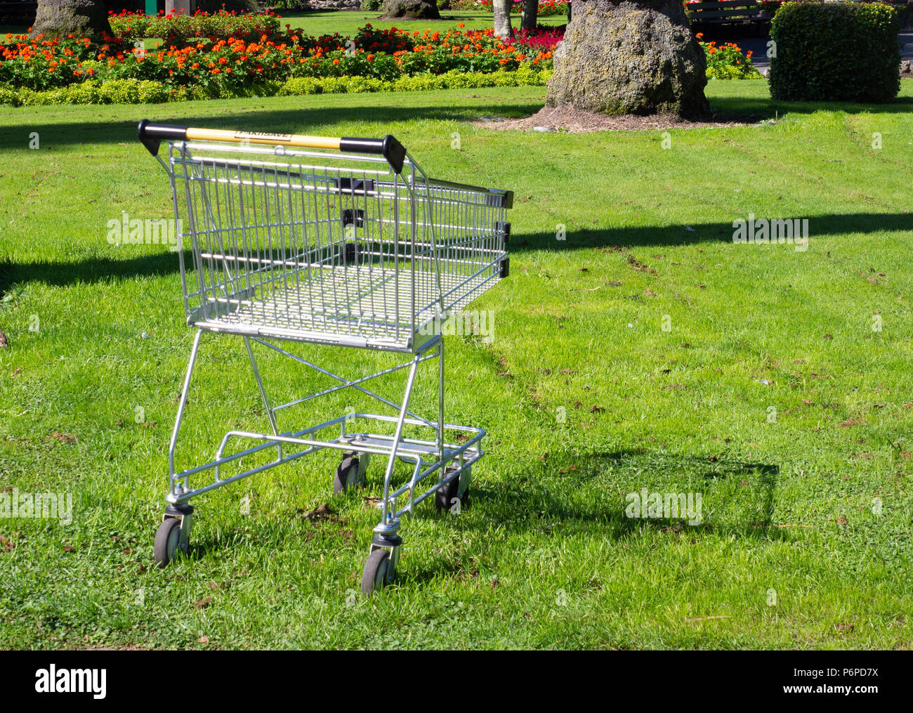 Chariot de supermarché abandonné dans un parc Banque D'Images