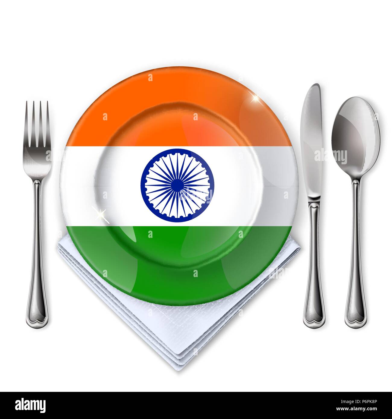 Une plaque avec un drapeau indien . La plaque vide avec une cuillère, fourchette et couteau sur un fond blanc. Mesh. Masque de découpe. Ce fichier contient la transparence. Illustration de Vecteur