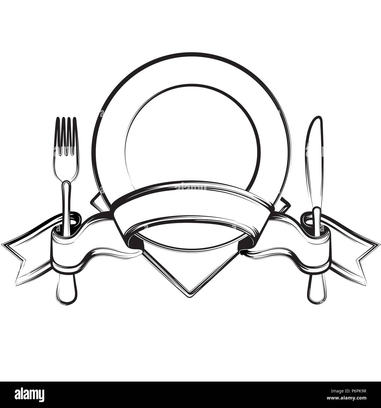 La plaque vide avec ruban, cuillère, fourchette et couteau sur un fond blanc.Le noir et blanc Illustration de Vecteur
