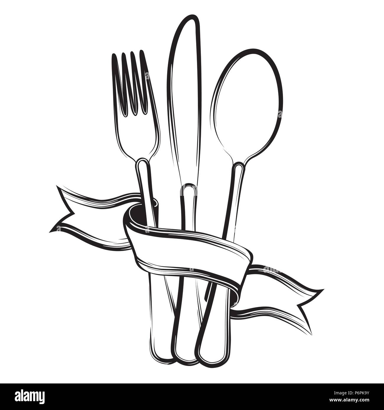 Ruban, cuillère, fourchette et couteau sur un fond blanc.Le noir et blanc  Image Vectorielle Stock - Alamy