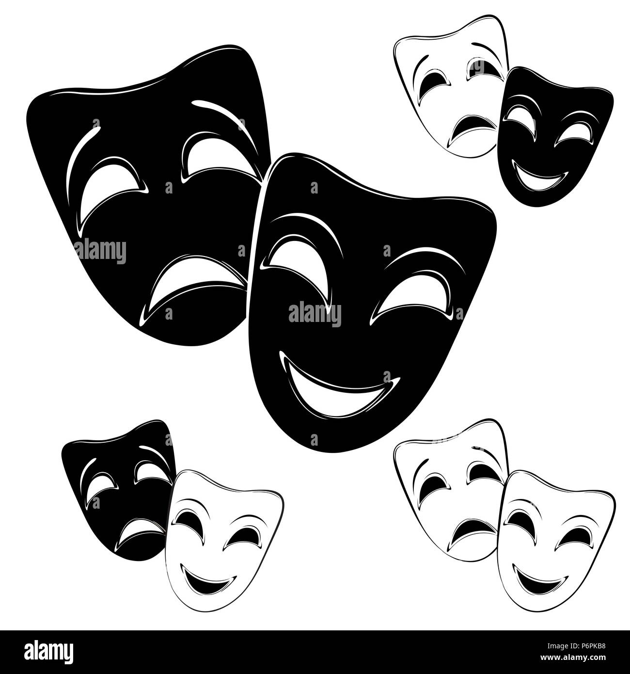 Collection de masques de théâtre sur un fond blanc. Illustration de Vecteur