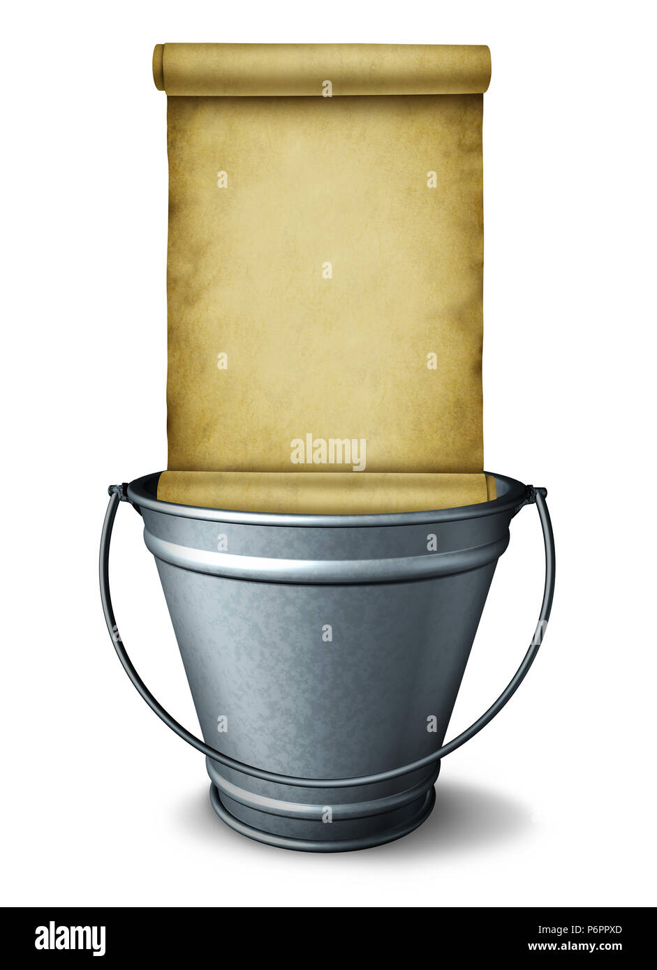 Bucket list symbole planification d'objectifs comme un seau avec un défilement vierge comme une liste de souhaits ou comme une icône de l'ambition de résolution 3D render sur un fond blanc. Banque D'Images