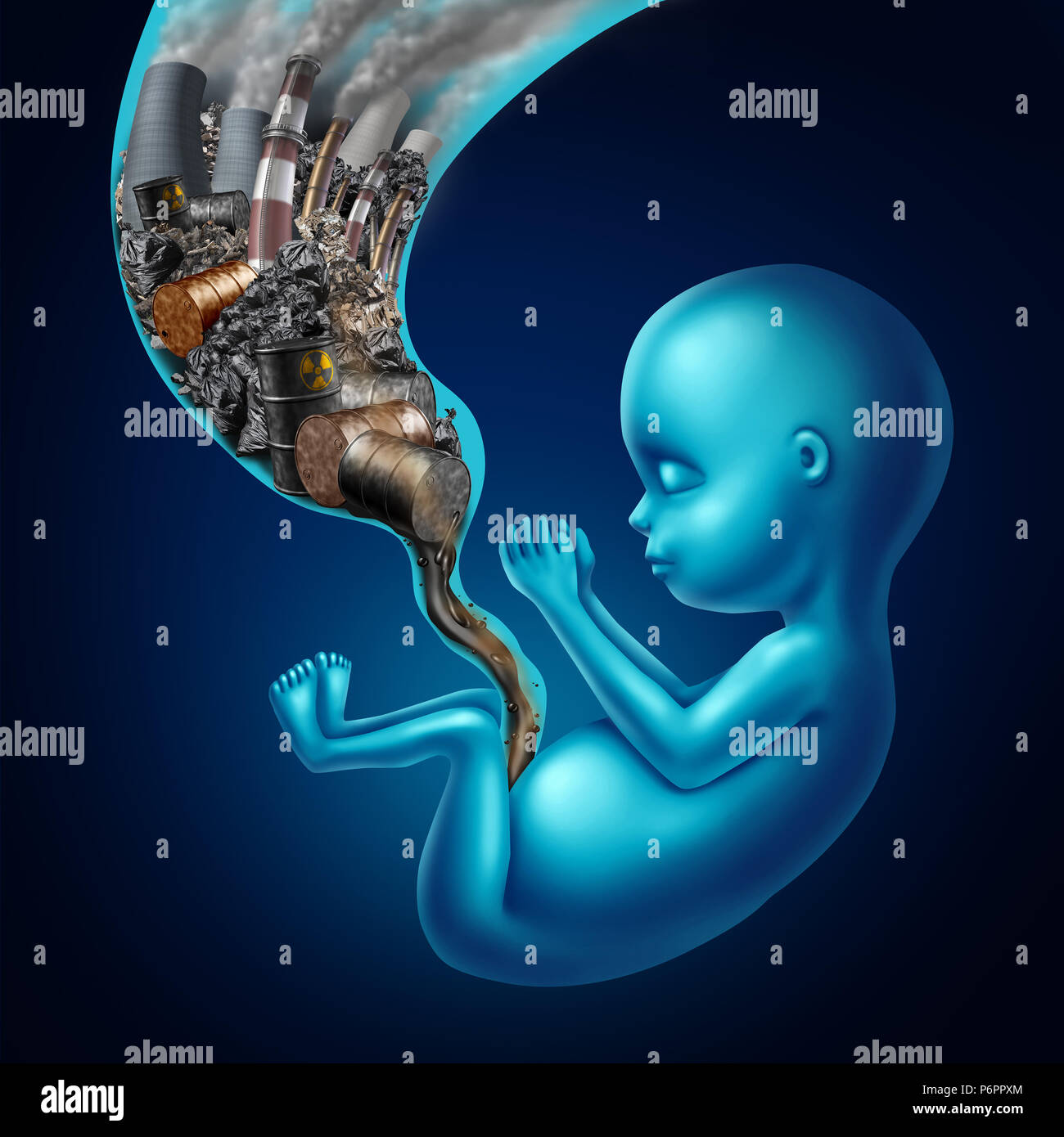 La grossesse risque de pollution pour le foetus aussi pollué des cheminées et des déchets toxiques dans le cordon ombilical avec 3D illustration éléments. Banque D'Images