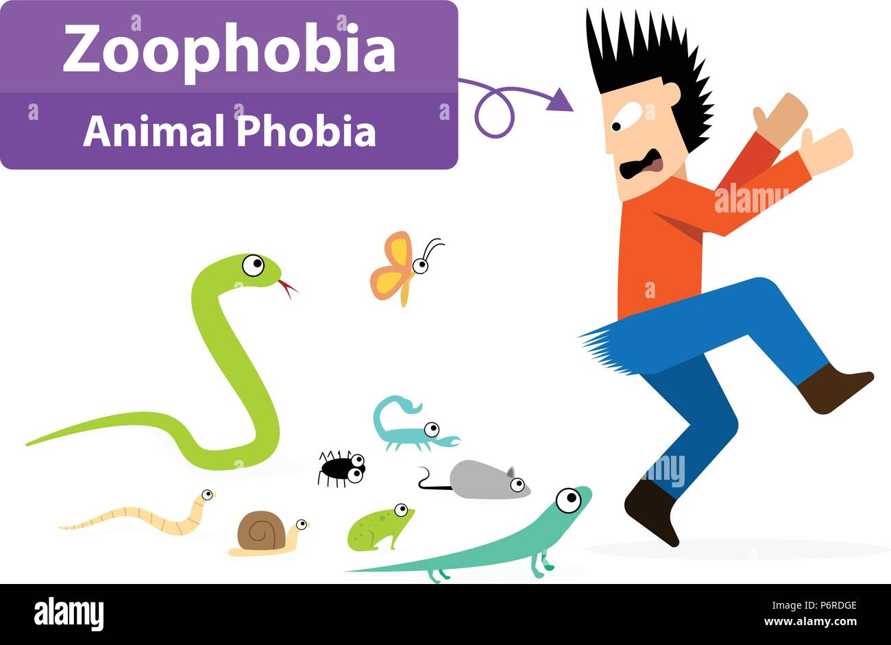Homme Zoophobia choqué quand voir les animaux, l'art vectoriel Illustration de Vecteur