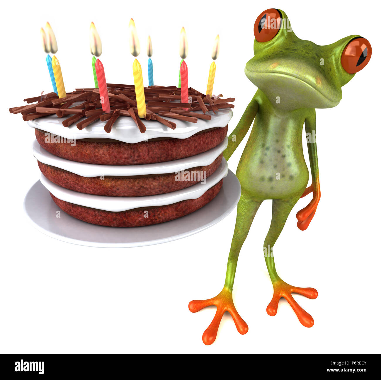 Grenouille amusante avec un gâteau d'anniversaire - 3D Illustration Banque D'Images