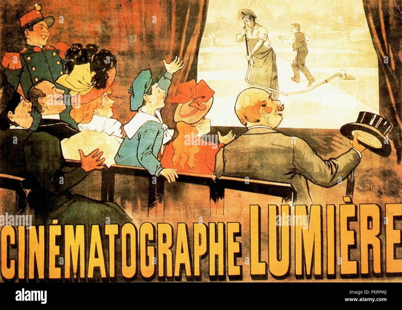 Cinematographe lumière l'affiche annonçant les frères Lumière cinematographe, montrant une célèbre comédie L'arrosé, 1895 1895 Banque D'Images