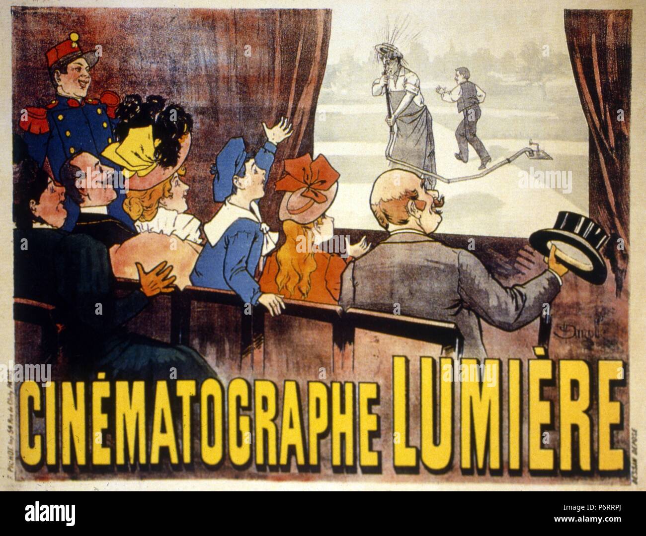 Cinematographe lumière l'affiche annonçant les frères Lumière cinematographe montrant le célèbre L'humour, 1895 1895 arrosé de Melies Banque D'Images