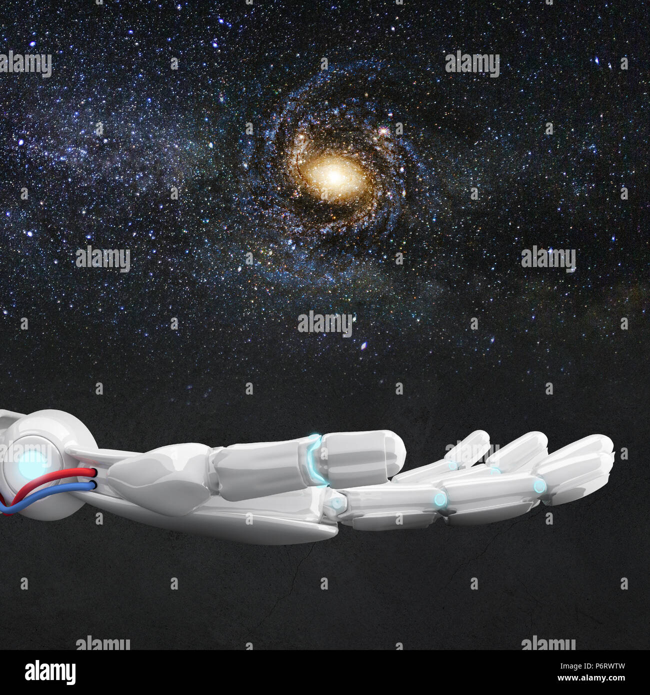La main robotique blanc galaxie présente l'espace. Le rendu 3D Banque D'Images