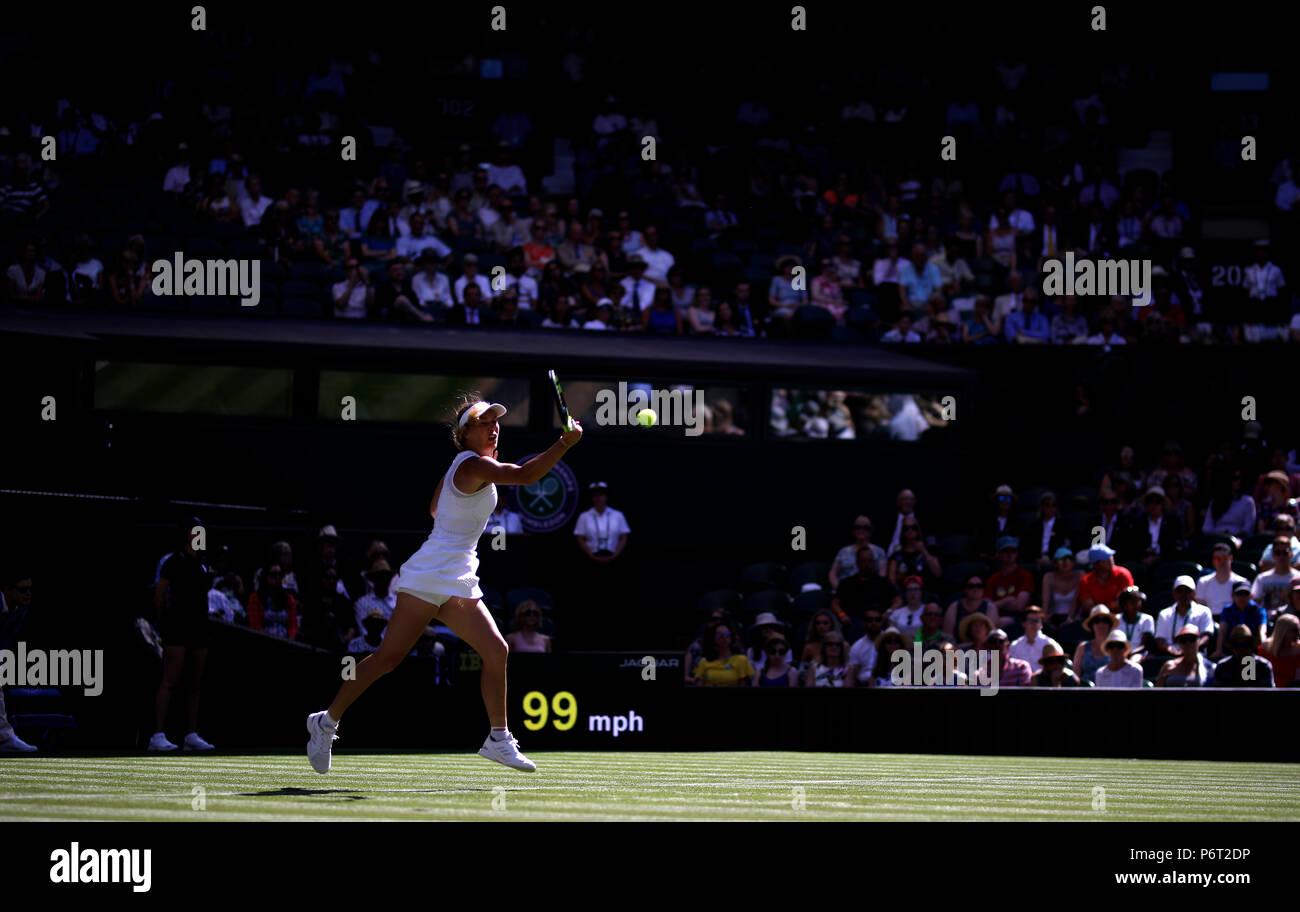 Caroline Wozniacki le premier jour des championnats de Wimbledon au All England Lawn tennis and Croquet Club, Wimbledon. APPUYEZ SUR ASSOCIATION photo. Date de la photo: Lundi 2 juillet 2018. Voir PA Story TENNIS Wimbledon. Le crédit photo devrait se lire: Steven Paston/PA Wire. Banque D'Images