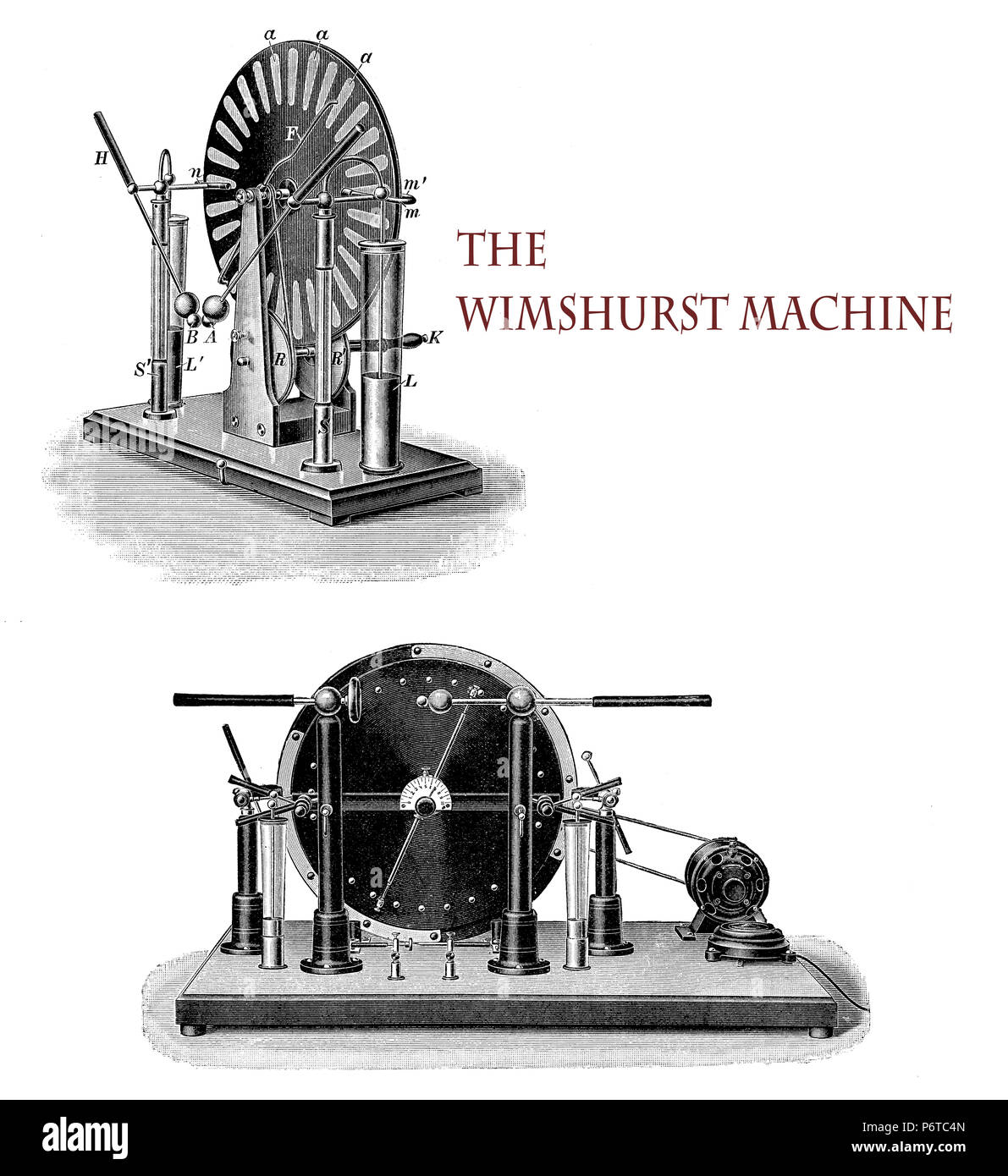 Les applications de l'électricité : la machine de Wimshurst, développé par l'inventeur britannique de Wimshurst James (1832-1903), est un Générateur électrostatique pour générer des tensions élevées fondées sur l'induction électrostatique, à l'aide de deux contre-disque en rotation dans un plan vertical. Banque D'Images