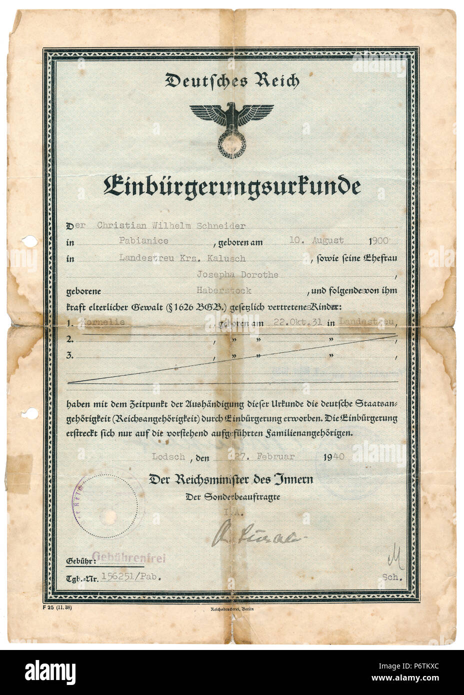 Certificat de Nationalité, 1940, troisième Reich Nazi / Période Allemagne Banque D'Images