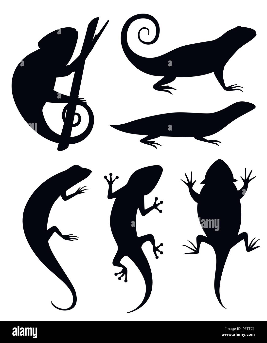 Silhouette noire. Caméléon Cartoon grimper sur branche. De petits lézards. Télévision animaux icon collection. Vector illustration isolé sur fond blanc. Illustration de Vecteur
