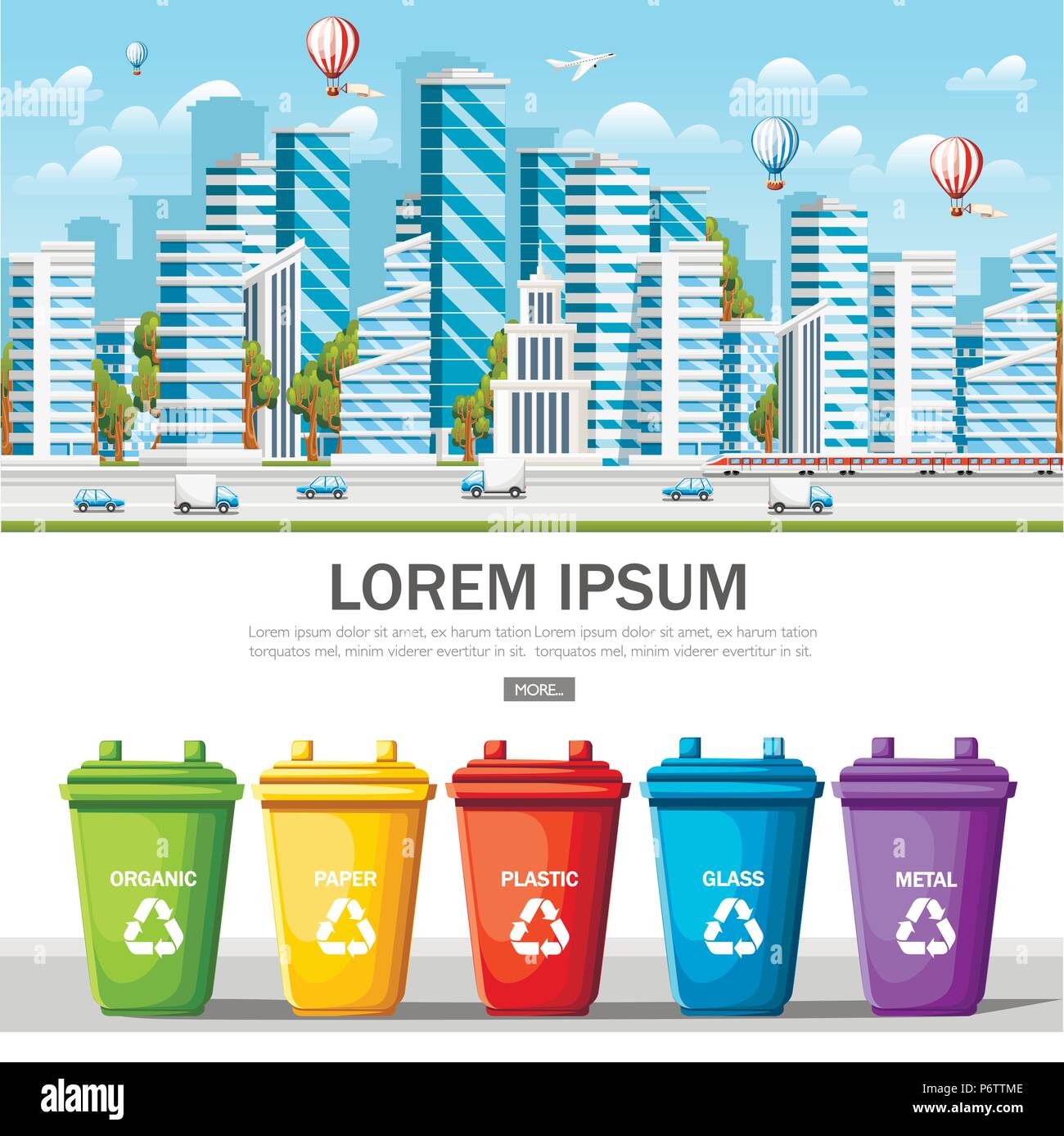 De nombreuses poubelles de tri avec les ordures. Le tri des déchets. Écologie et recyclage de concept. Ville propre et moderne. L'éco conception de site web ou la publicité. Illustration de Vecteur