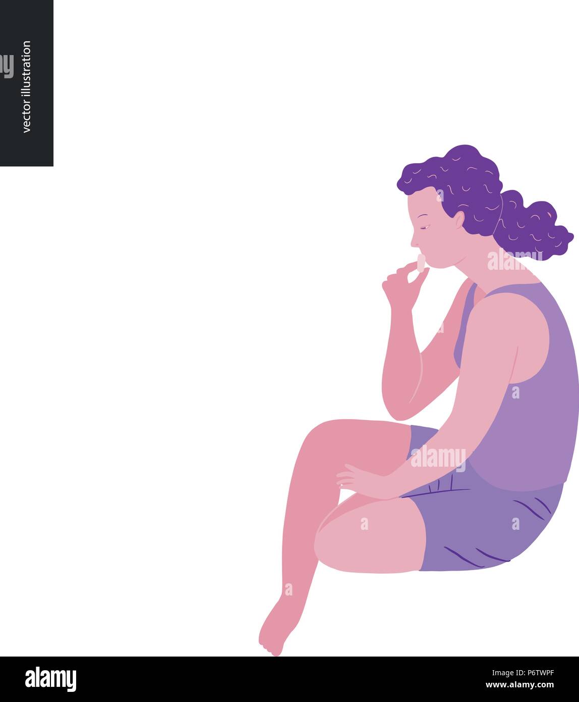 Les gens park festival picnic - télévision concept vector illustration d'un youngcurly-headed woman wearing tank top et short, assis sur le sol et manger Illustration de Vecteur