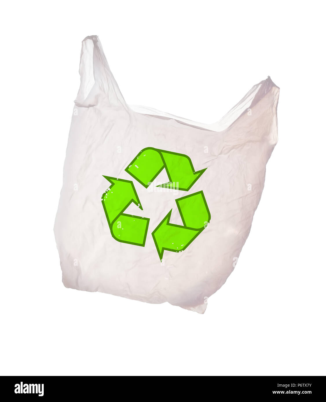 Sac en plastique blanc avec logo de recyclage isolé sur un fond blanc. Le recyclage. Banque D'Images