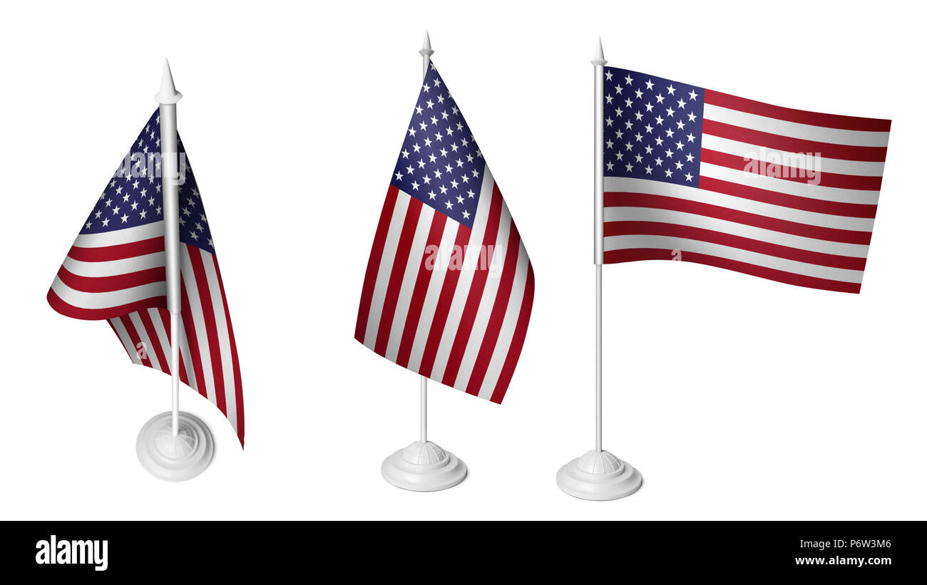 3 petits drapeaux américains isolés, 3D réaliste drapeau américain rendu Banque D'Images