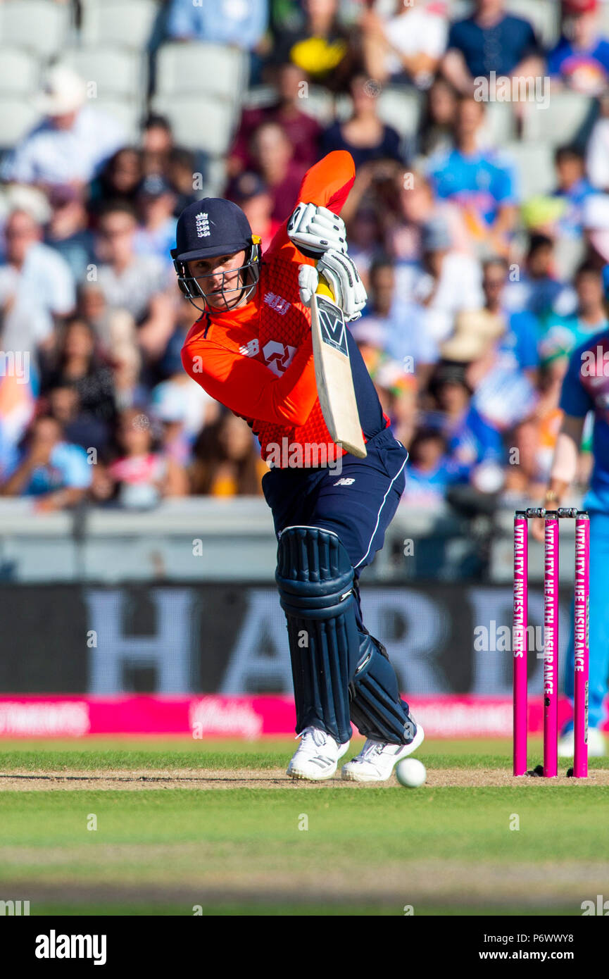 Manchester, UK. 3e juillet 2018. Jason Roy d'Angleterre en action lors du 1er International T20 match entre l'Angleterre et l'Inde à Old Trafford, Manchester, Angleterre le 3 juillet 2018. Photo par Brandon Griffiths. Credit : Brandon Griffiths/Alamy Live News Banque D'Images