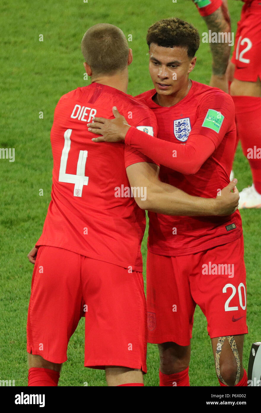 Moscou, Russie. 06Th Juillet, 2018. Football : Coupe du monde, huitième de finale, la Colombie contre l'Angleterre dans le Spartak Stadium. L'Angleterre Eric Dier (L) remplaçant le Dele alli. Crédit : Christian Charisius/dpa/Alamy Live News Banque D'Images