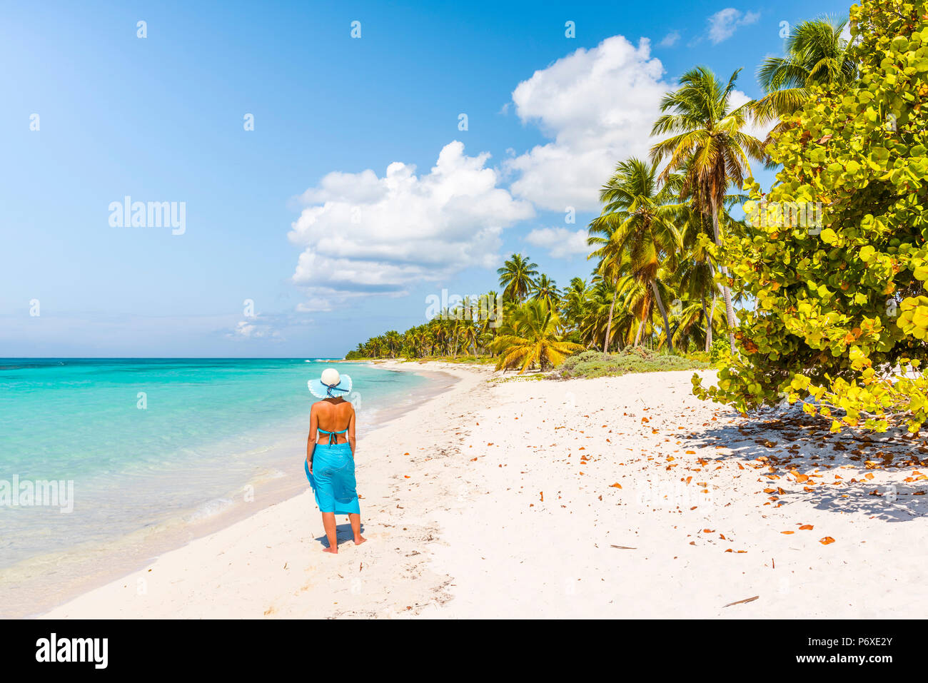 Canto de la Playa, l'île de Saona, à l'Est Parc National (Parque Nacional del Este), la République dominicaine, la mer des Caraïbes. Belle femme sur une plage bordée de palmiers (MR). Banque D'Images