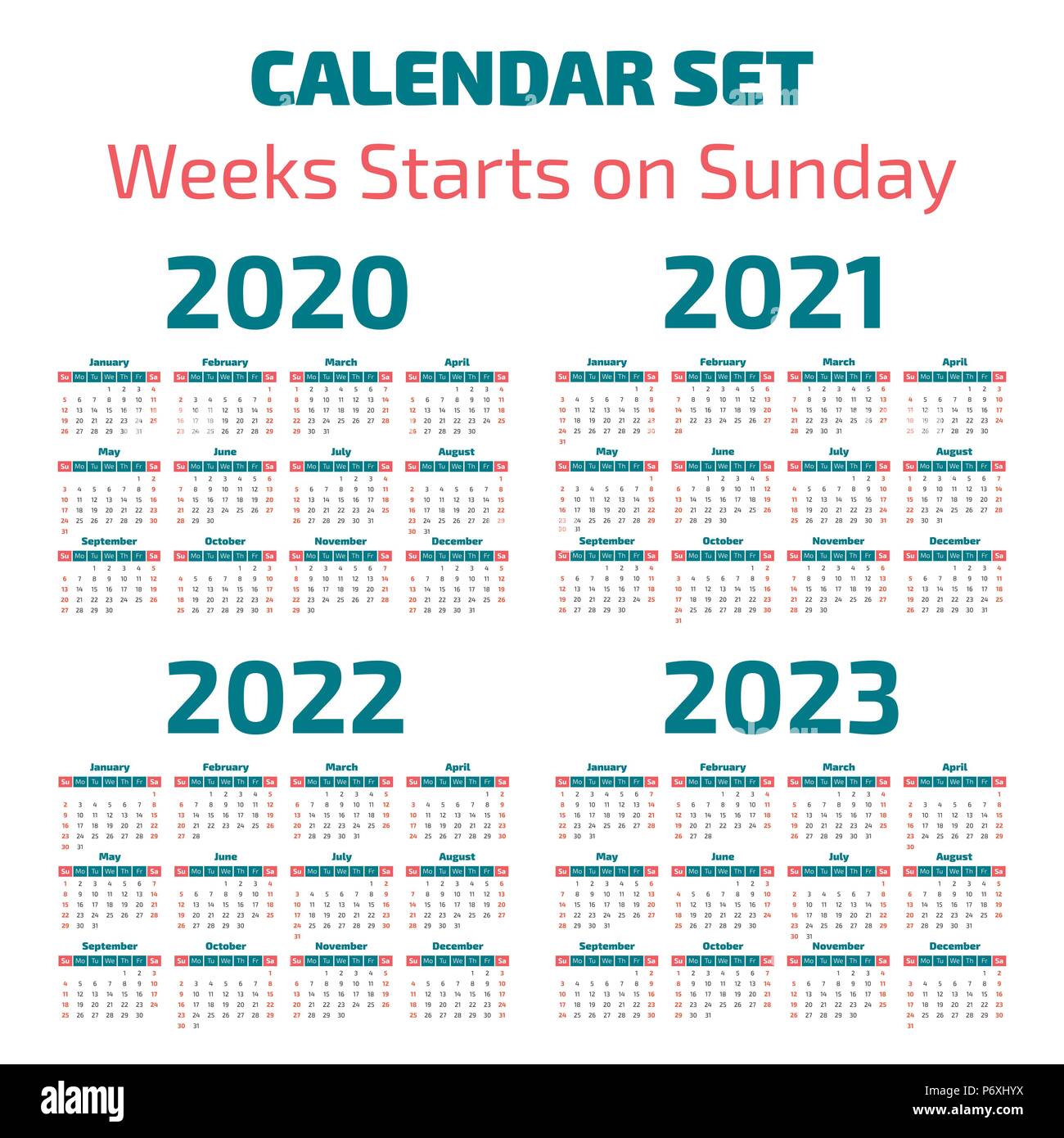 Années 2020-2023, Simple calendrier semaine commence le dimanche Illustration de Vecteur