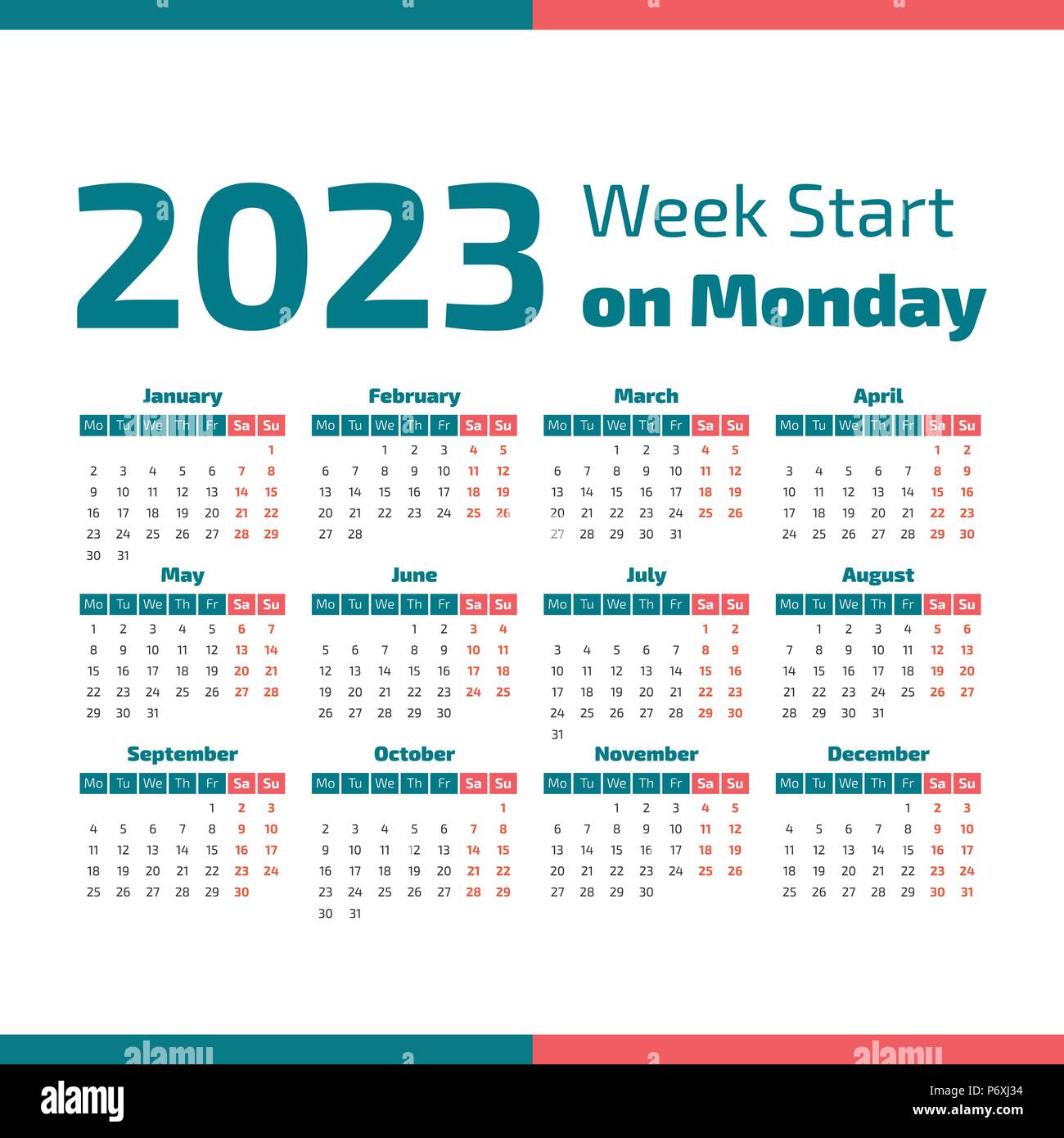 Calendrier De L Annee 2023 Calendrier De L'année 2023 Simple, D'une Semaine Commence Le Lundi Image  Vectorielle Stock - Alamy