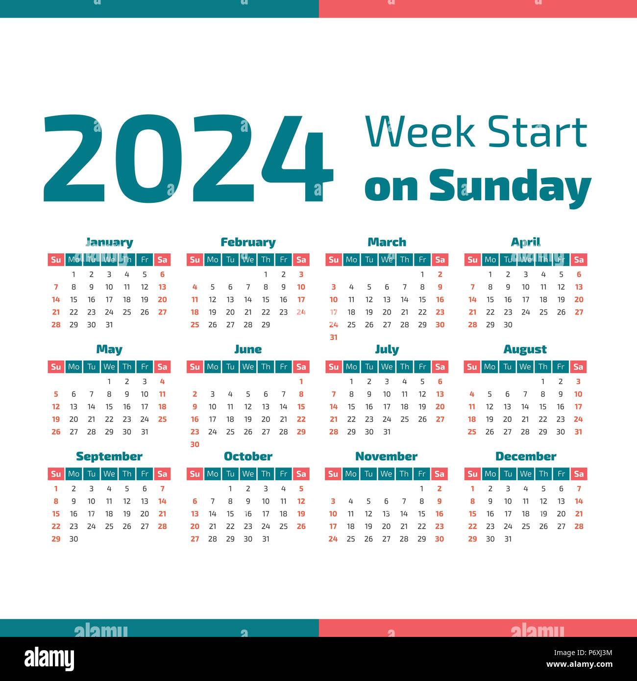 Calendrier de l'année 2024 simple, la semaine commence le dimanche