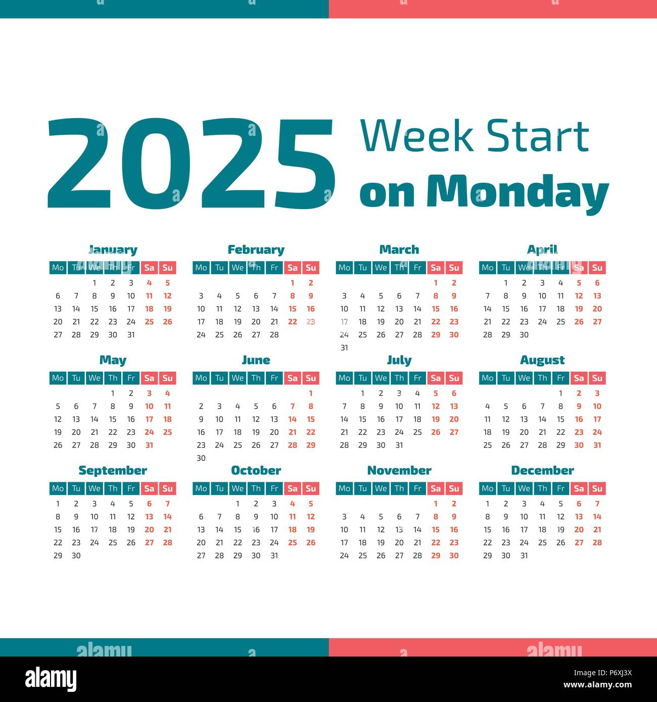Calendrier de l'année 2025 simple, d'une semaine commence le lundi Illustration de Vecteur