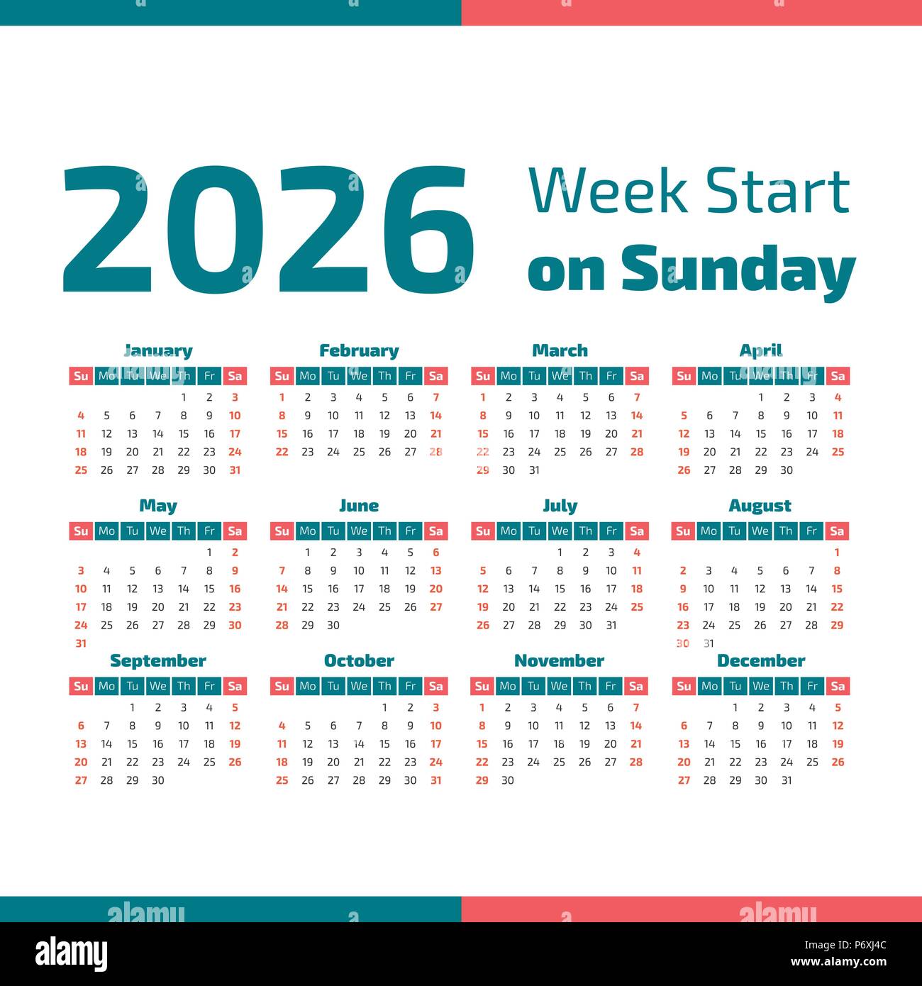 Calendrier de l'année 2026 simple, la semaine commence le dimanche