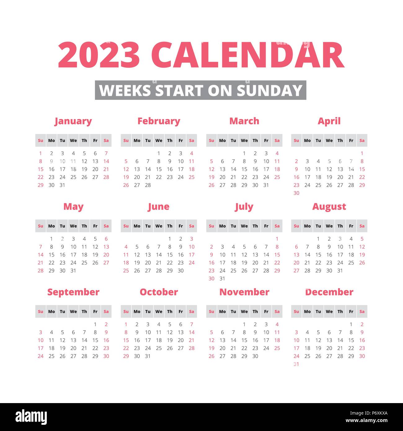 Calendrier Cinéma 2023 Calendrier De L'année 2023 Simple, La Semaine Commence Le Dimanche Image  Vectorielle Stock - Alamy