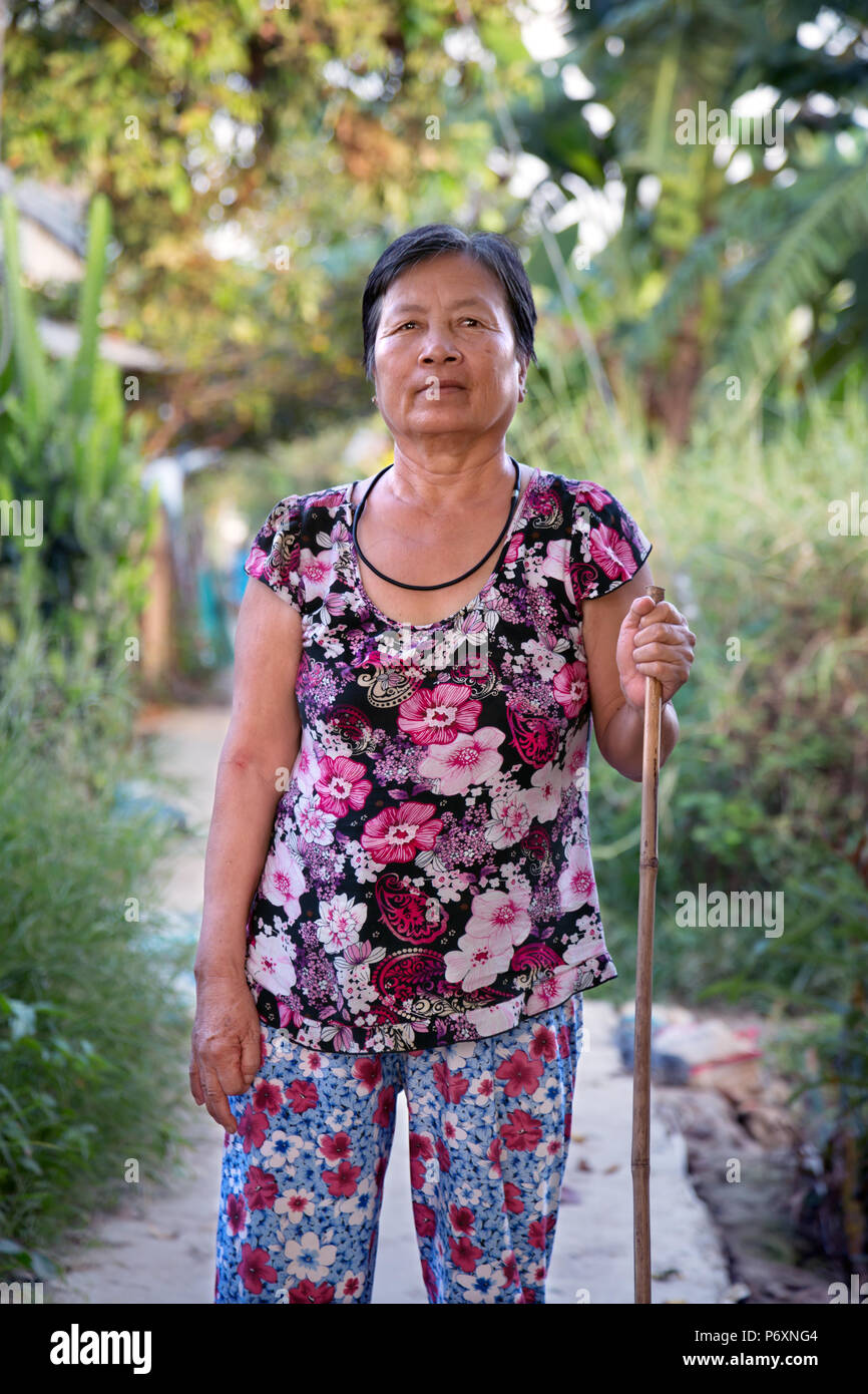 Femme avec une canne à Binh , Vietnam Banque D'Images