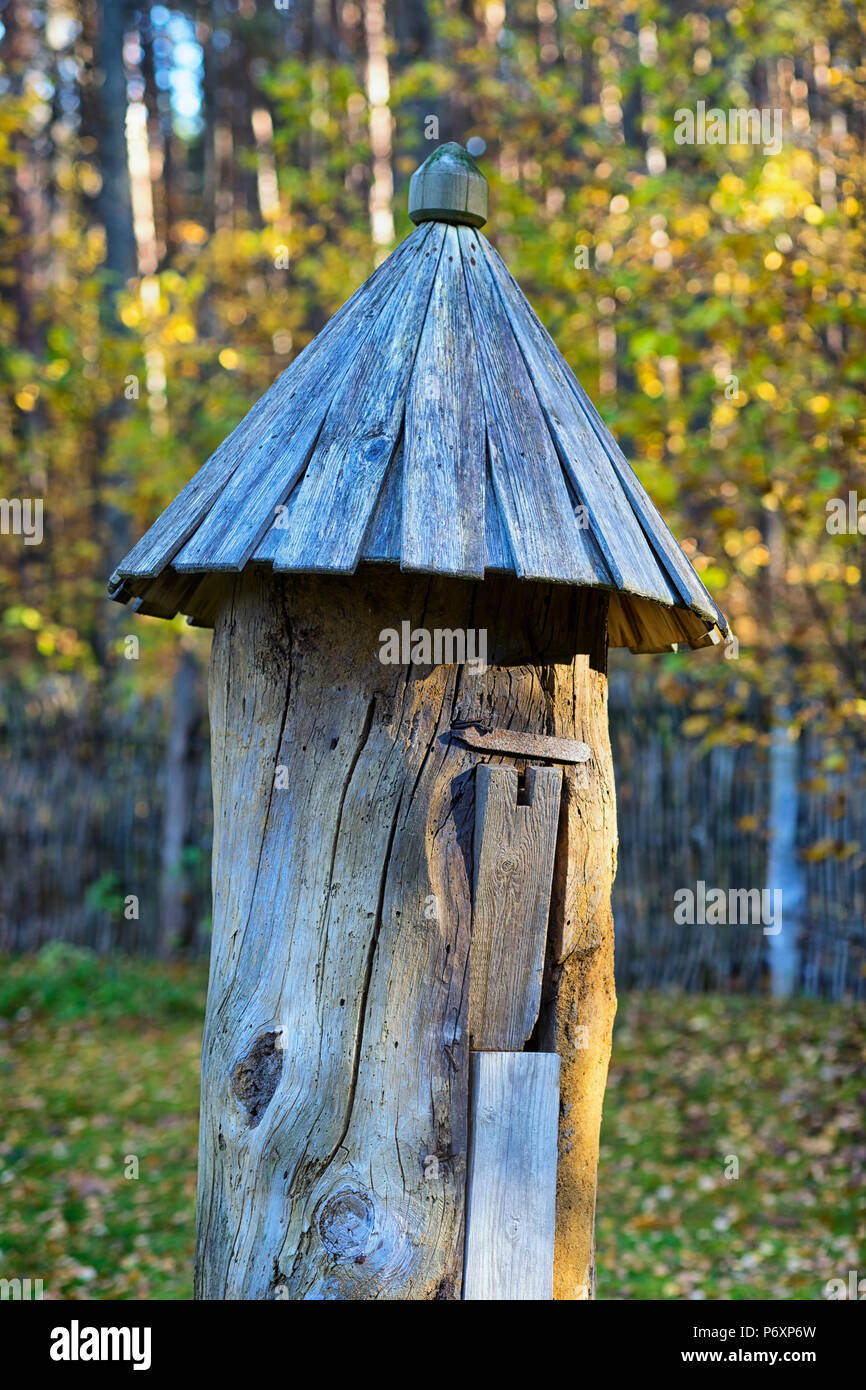 Une ancienne ruche pour les abeilles en bois avec un toit de base dans une forêt d'automne Banque D'Images