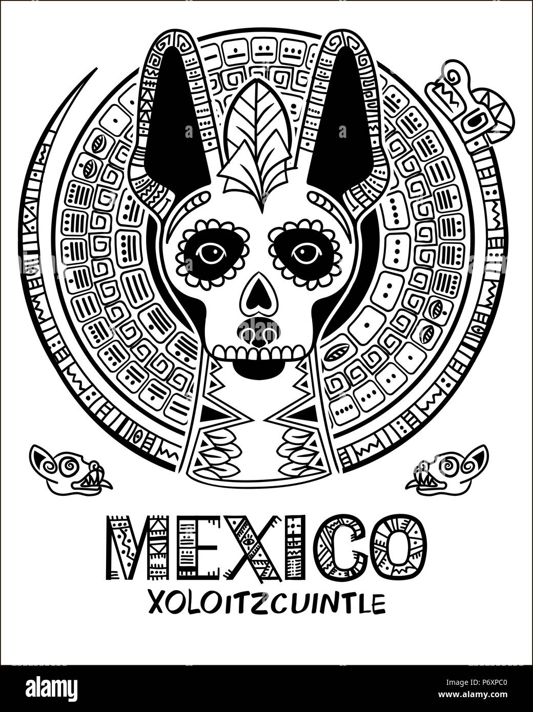 Image vectorielle d'un chien dans un style ethnique. Chien mexicain et crâne mexicain Illustration de Vecteur