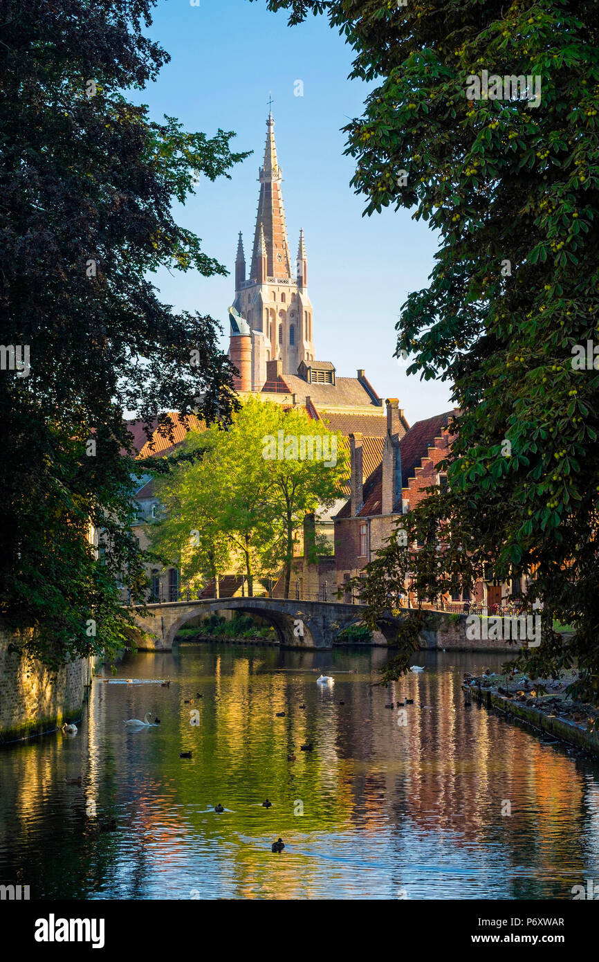 Belgique, Flandre occidentale (Vlaanderen), Bruges (Brugge). Flèche de l'église de Notre Dame, Onze-Lieve-Vrouwekerk derrière canal. Banque D'Images