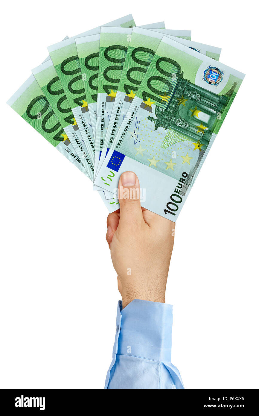 Businessman hand holding fan de 100 billets en euros isolé Banque D'Images