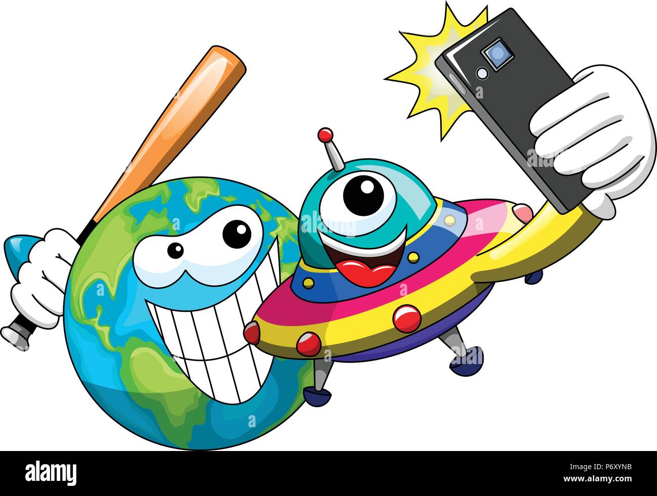 Ufo alien Cartoon ou navire de plaisance en tenant avec selfies menaçant  prêt à frapper la terre avec batte de base isolé Image Vectorielle Stock -  Alamy
