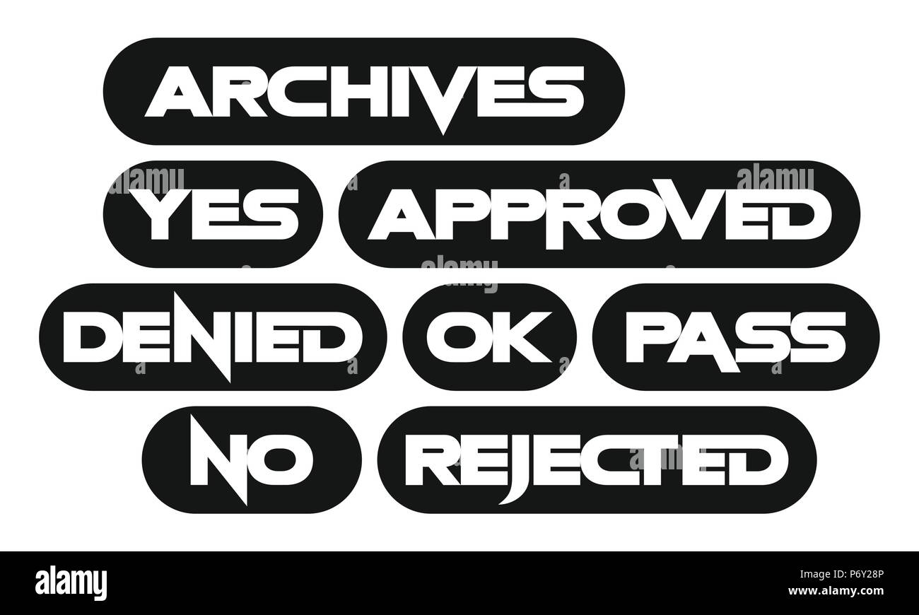 Ensemble de timbres les plus courants mots, monochrome, archives, oui, approuvée, refusée, ok, passe, non, rejeté Illustration de Vecteur