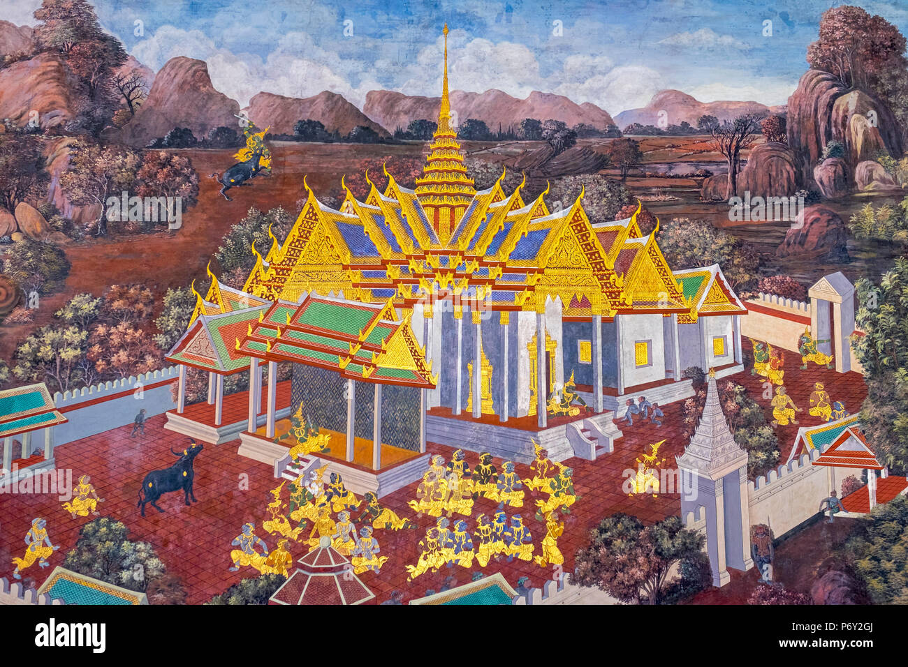 Des fresques murales représentant des scènes du Ramakien, Temple du Bouddha d'Émeraude (Wat Phra Kaew), Grand Palace, Bangkok, Thaïlande Banque D'Images