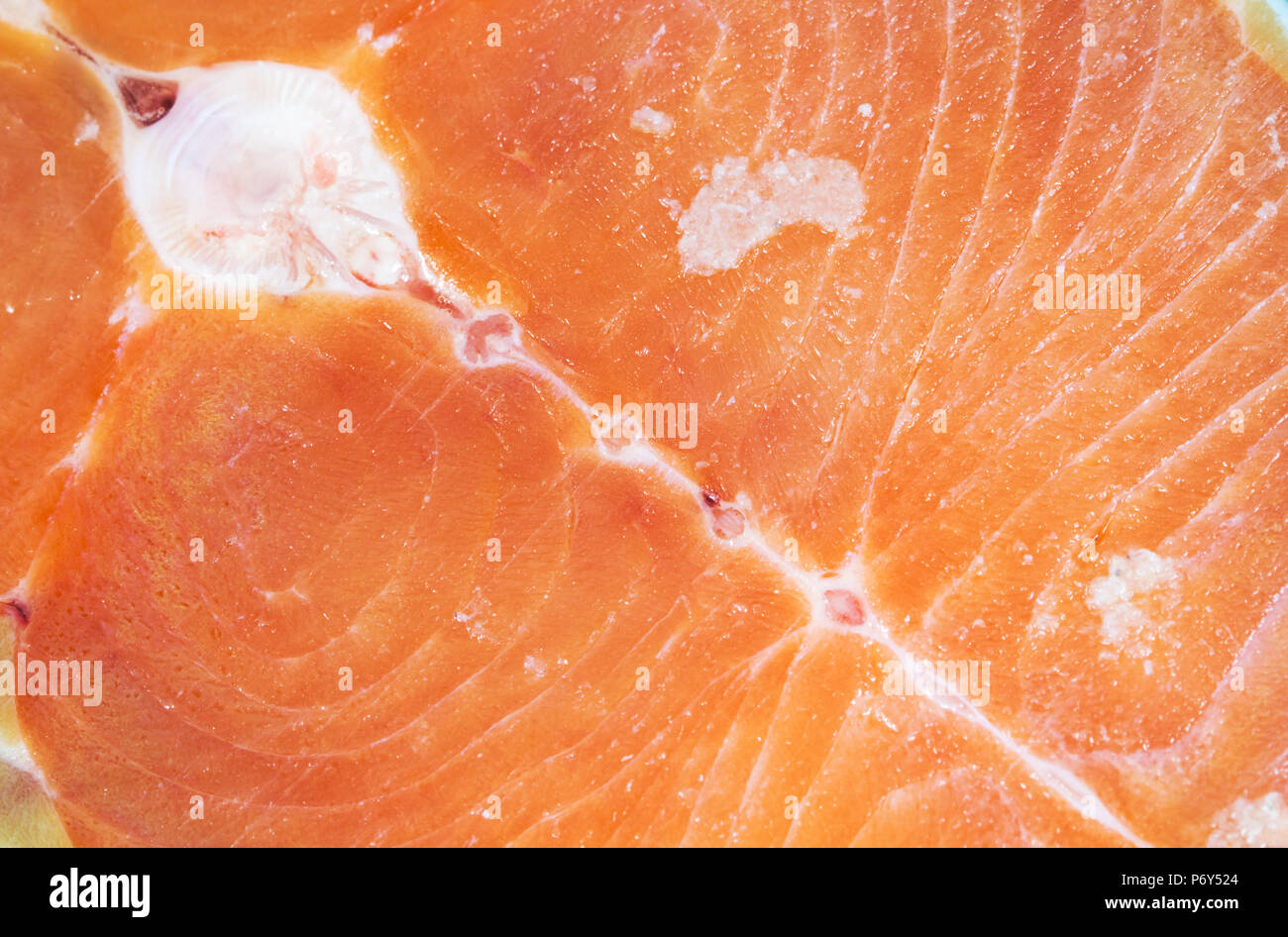 Close up de tranches de saumon frais sur fond de bois. Banque D'Images