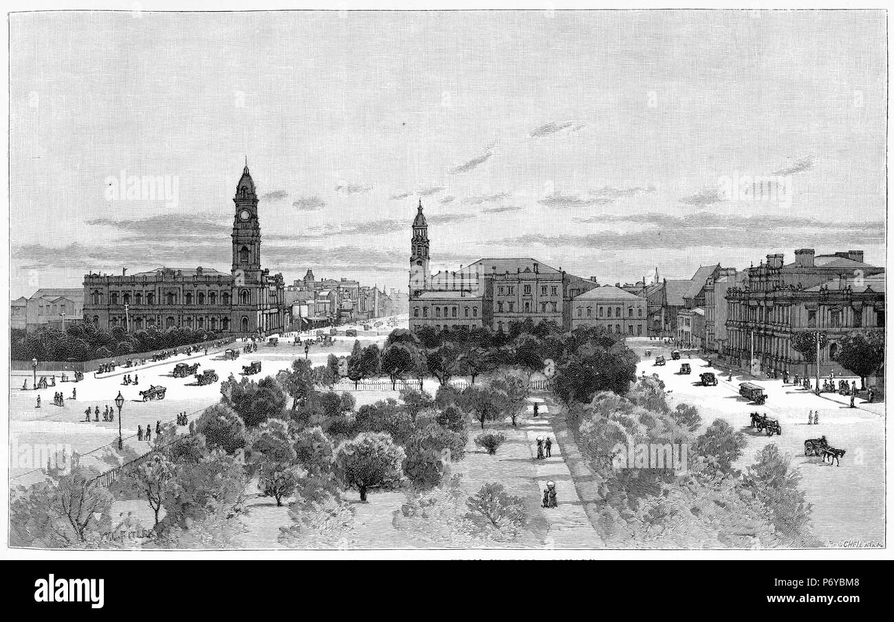 Gravure de King William Street, Adelaide, en Australie du Sud, vers 1880. À partir de l'Atlas pittoresque d'Australasie Vol 2, 1886 Banque D'Images
