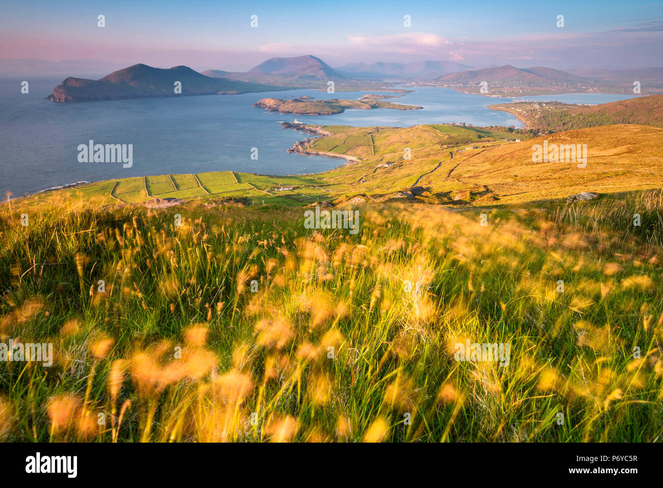 Valentia Island (Oilean Dairbhre), comté de Kerry, Munster, Irlande, province de l'Europe. Vue depuis la montagne Geokaun Fogher et falaises au coucher du soleil. Banque D'Images