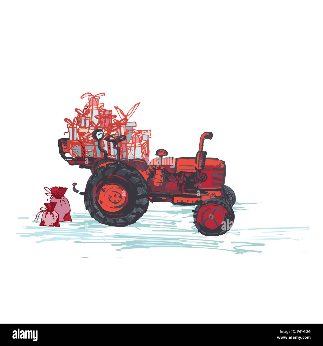 Nouvel An festif 2019 carte. Tracteur rouge avec cadeaux de vacances isolé sur fond blanc Illustration de Vecteur