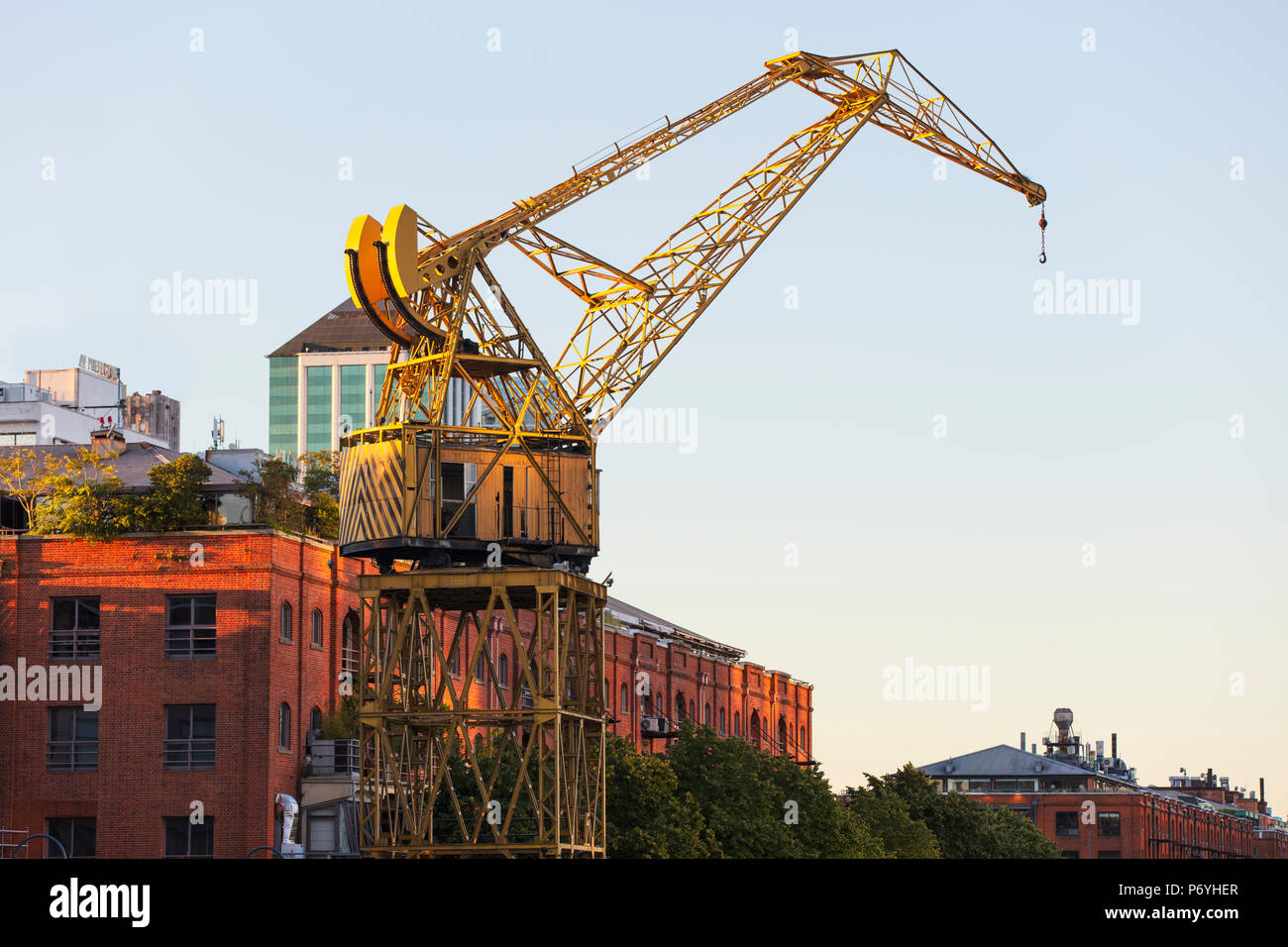L'une des grues jaune géant une fois utilisés pour la logistique dans l'ancien port de Puerto Madero. Buenos Aires, Argentine. Banque D'Images