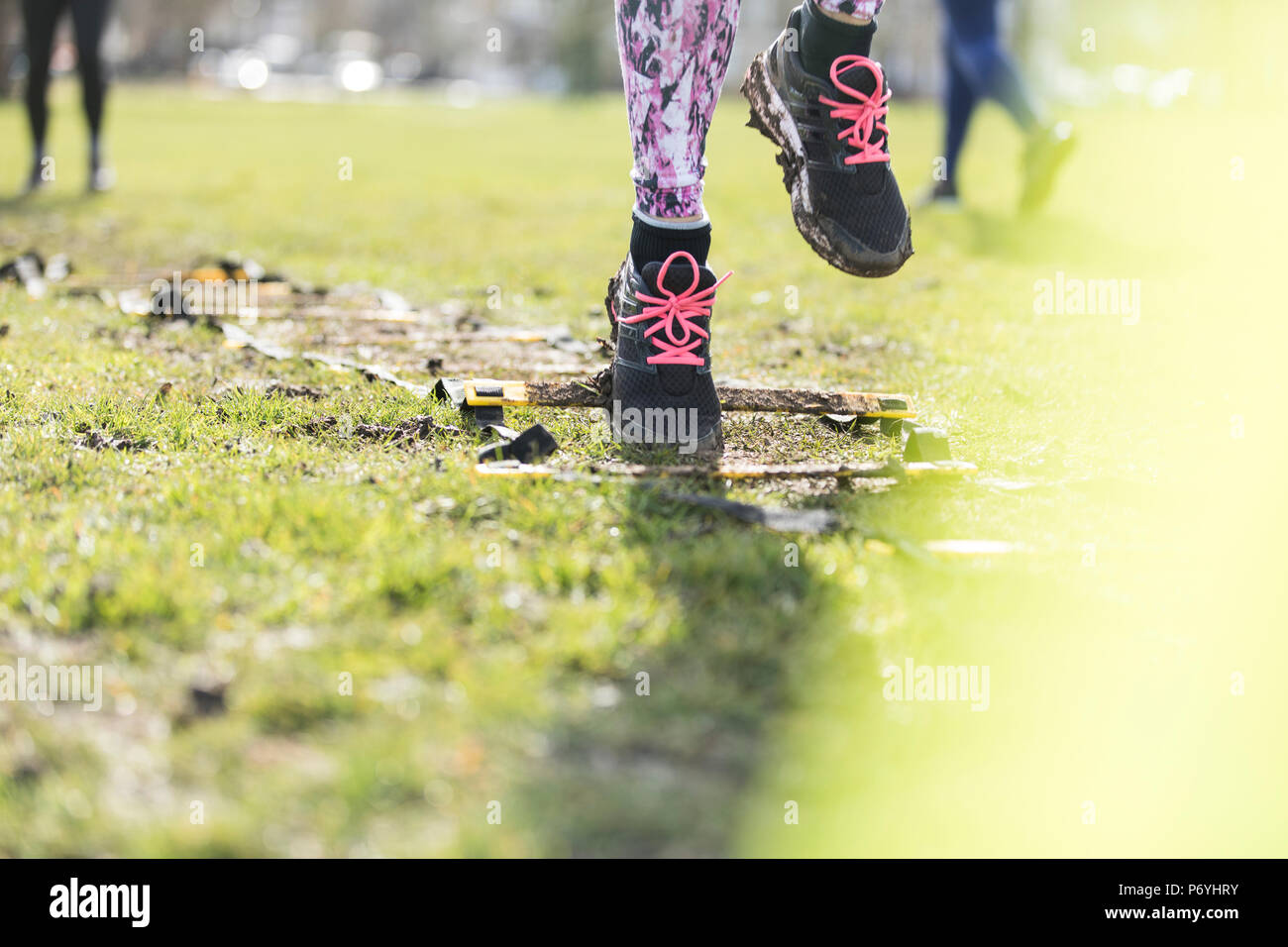 Femme de l'échelle de vitesse de perçage dans sunny park Banque D'Images