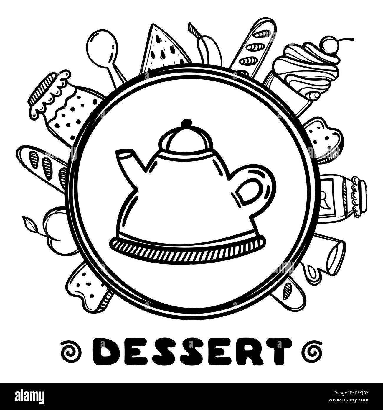 Cartoon théière avec la nourriture sur fond blanc. Illustration à la main. Temps de dessert. Illustration de Vecteur