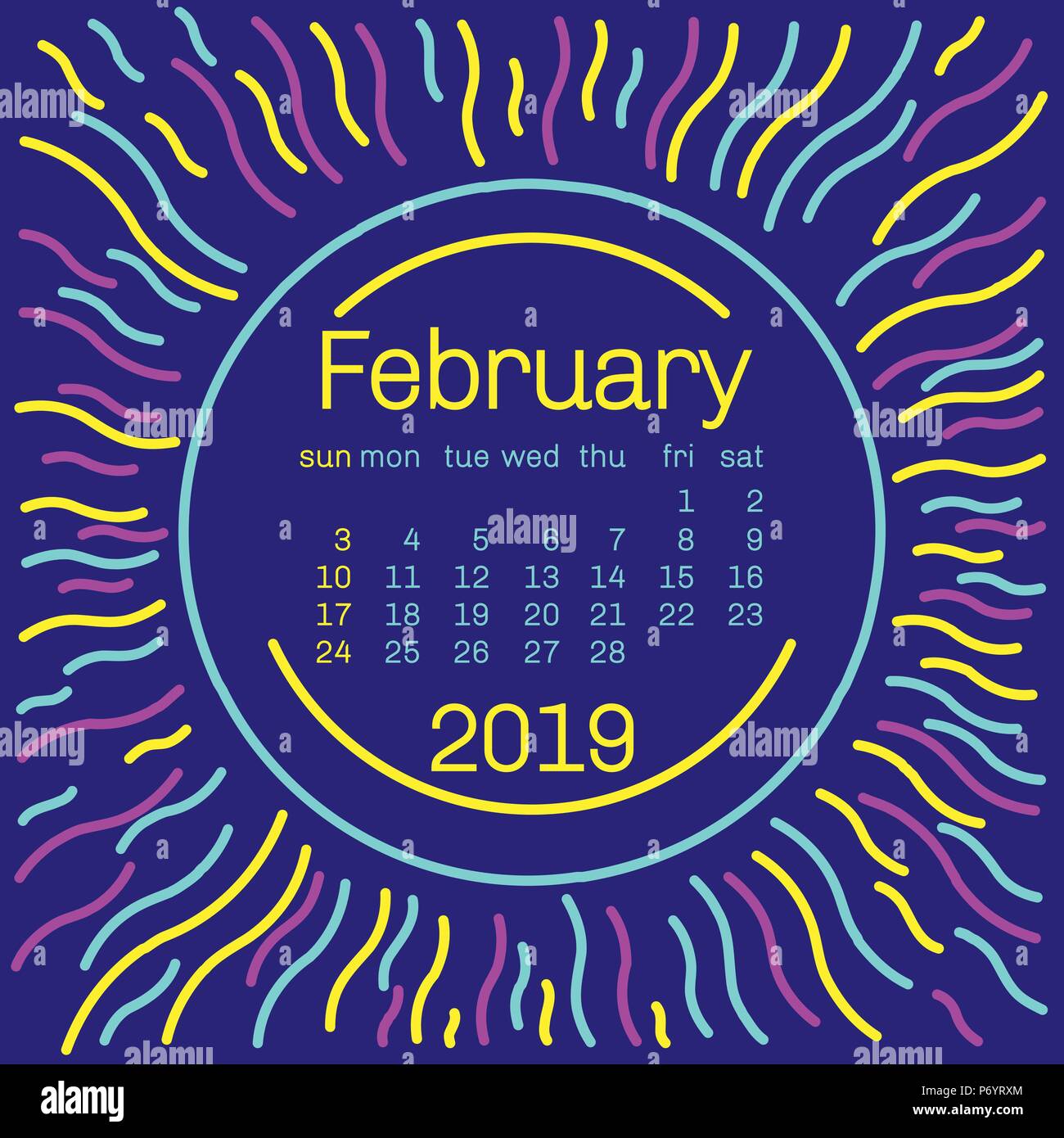 2019. La page Calendrier février à Memphis pour l'affiche de style design concept typographie, télévision couleur. Semaine commence le dimanche Illustration de Vecteur