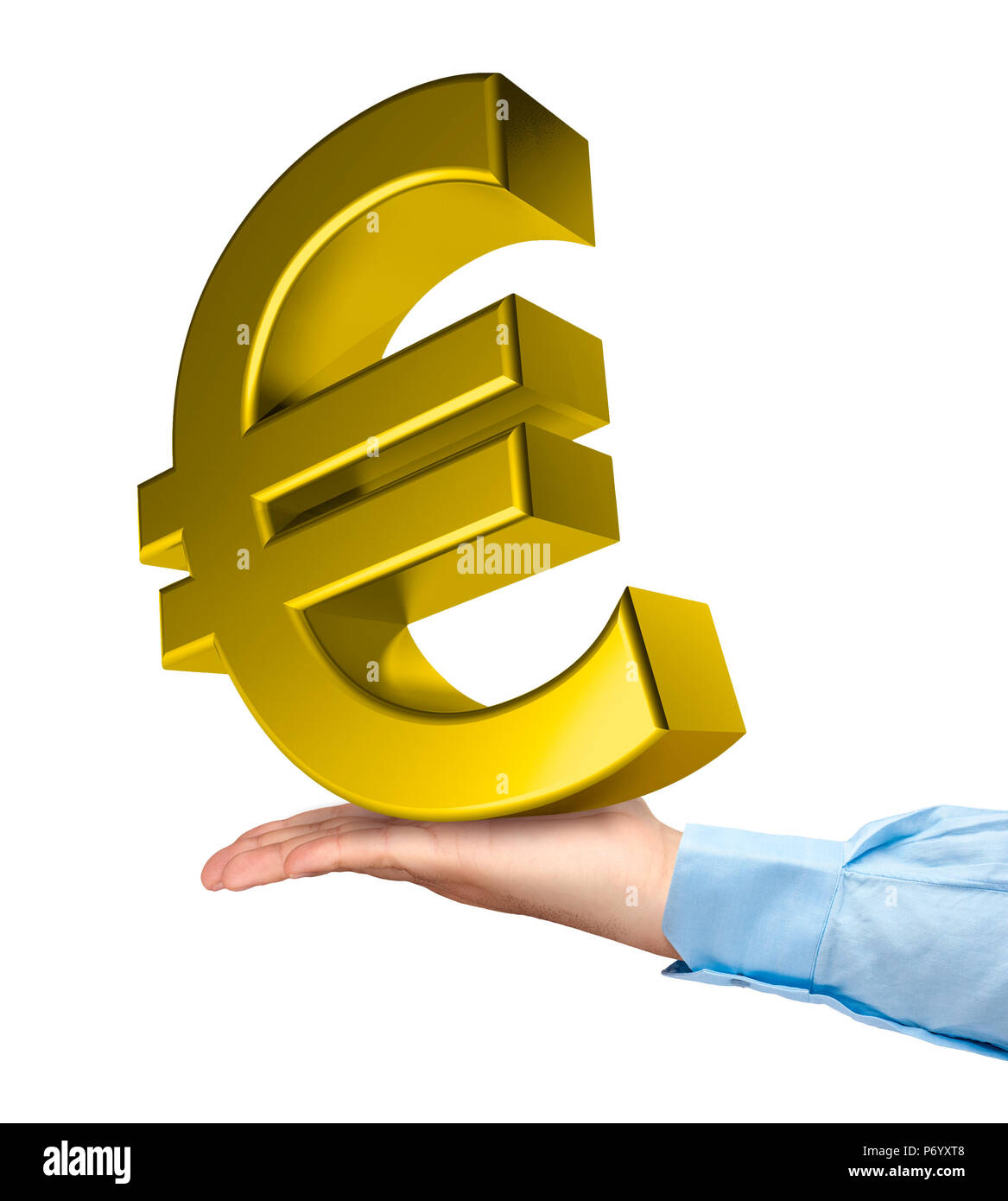 Hand holding big golden symbole euro isolé Banque D'Images