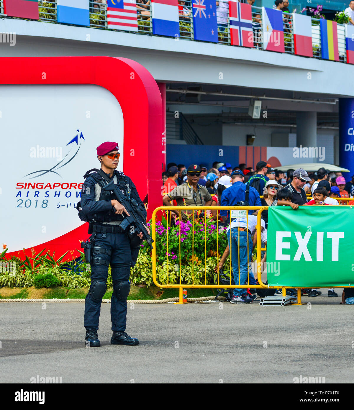 Singapour - Feb 10, 2018. Commandement des opérations spéciales des soldats travaillant au Centre d'exposition de Changi à Singapour. Banque D'Images