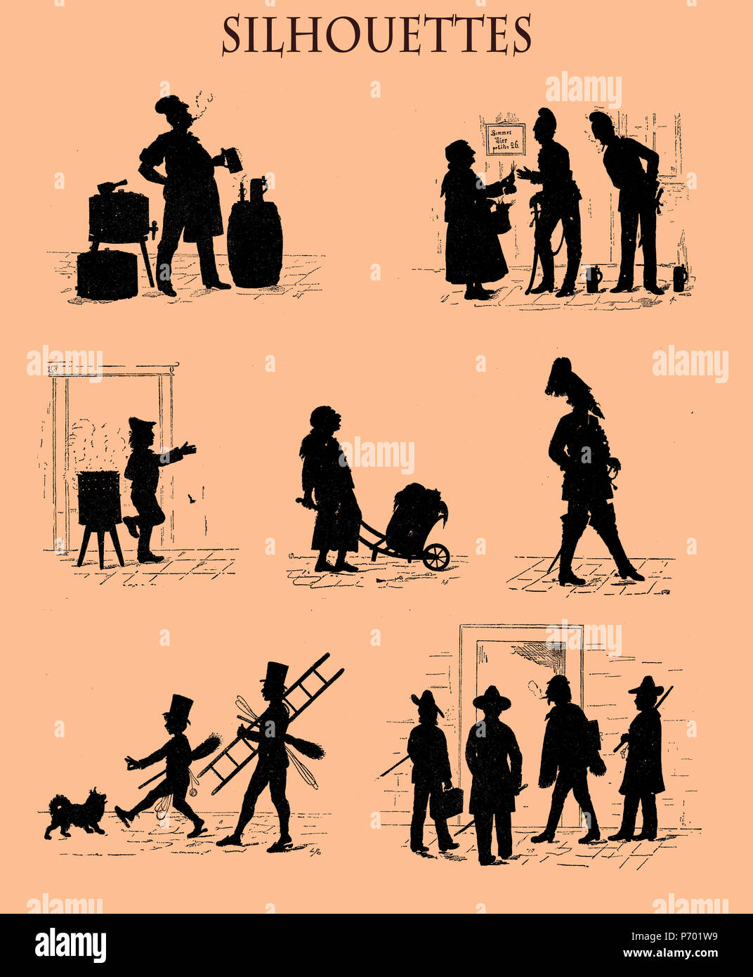 La caricature des silhouettes en noir à partir d'un magazine suisse du 19e siècle représentant avec humour la vie de rue portraits dans la ville de Munich : les étudiants des beaux-arts, l'ramoneurs, le brasseur, le gendarme, les vendeurs de rue Banque D'Images